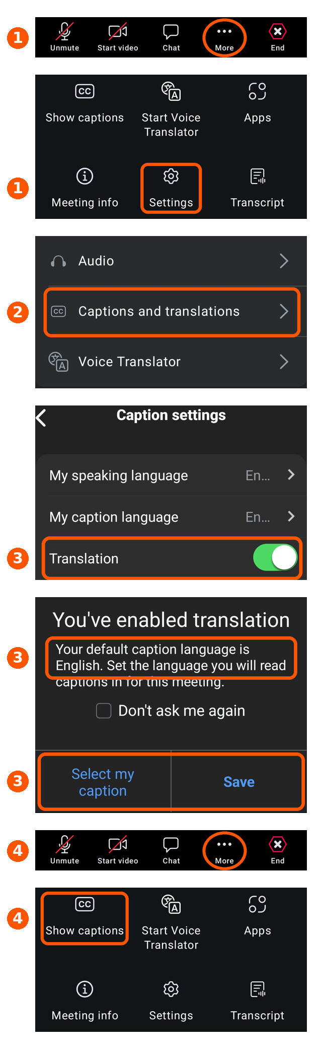Zoom phone app, numbered: 1 More, then Settings; 2 Captions and translations; 3 the Translation switch and the pop-up; 4 More, then Show captions.