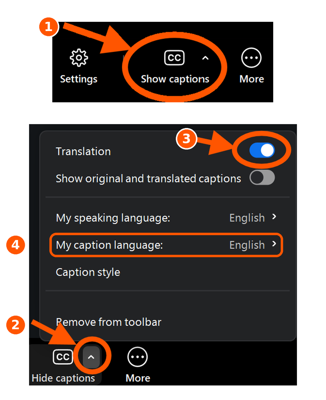 Zoom toolbar and caption menu, numbered: 1 the Show captions button, 2 the small arrow beside it, 3 the Translation switch, 4 My caption language.