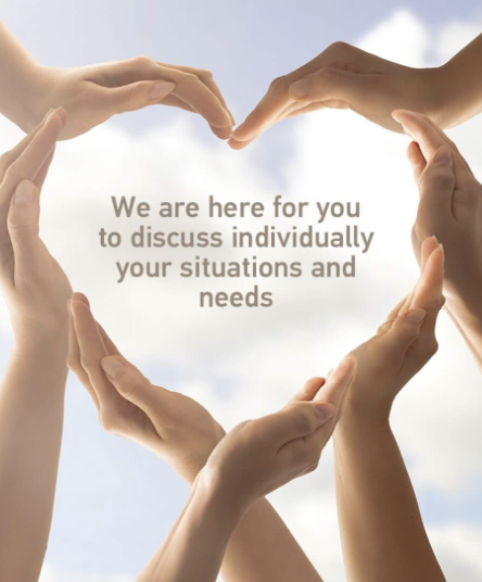 Hands forming a heart shape, with the words: We are here for you to discuss individually your situations and needs