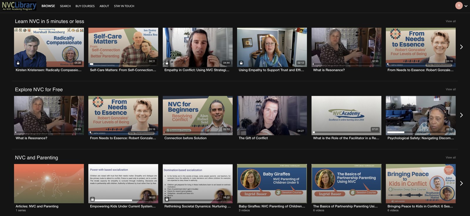 Screenshot of the NVC Library browse page with free introductions, short practices and recordings from many trainers