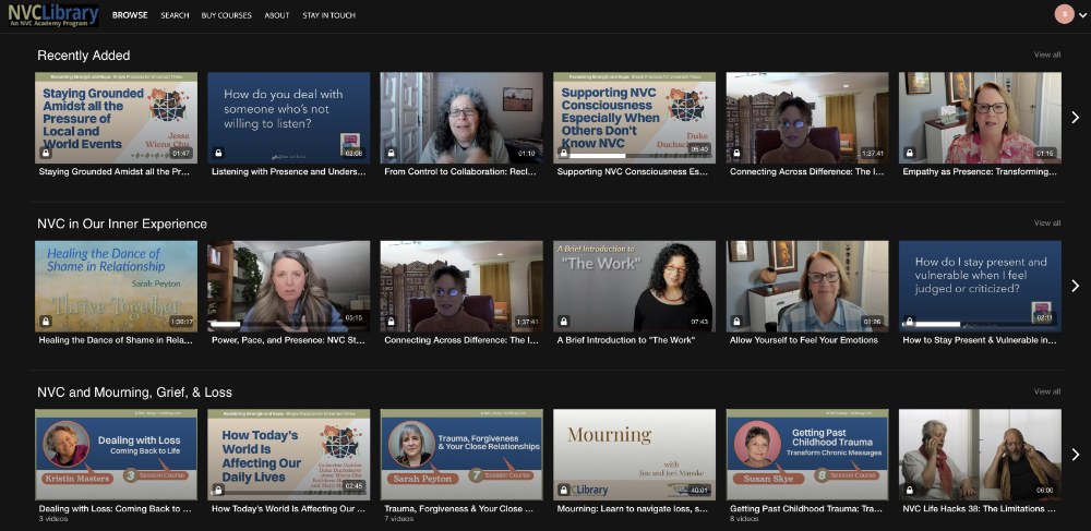 Screenshot of the NVC Library website showing collections on inner experience, mourning, grief and loss