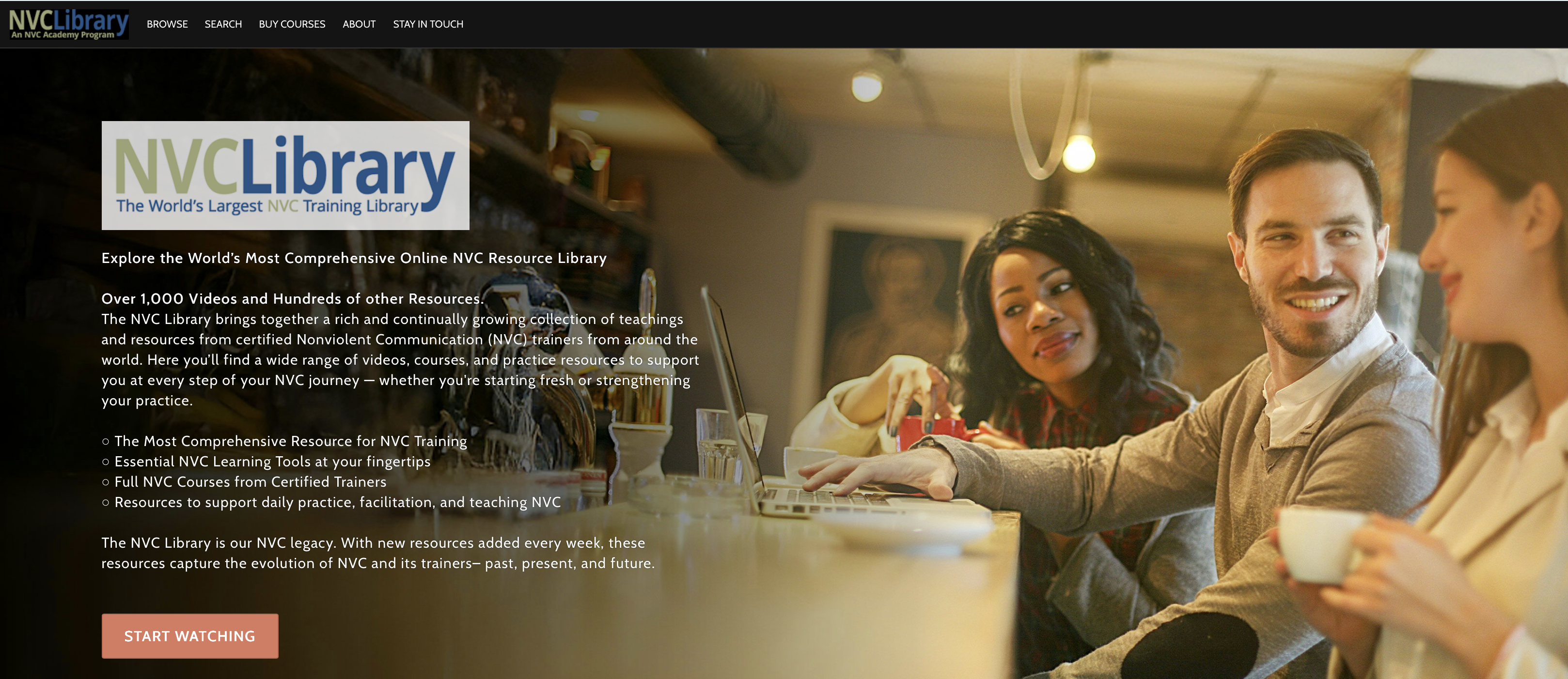 Screenshot of the NVC Library home page: Explore the World’s Most Comprehensive Online NVC Resource Library